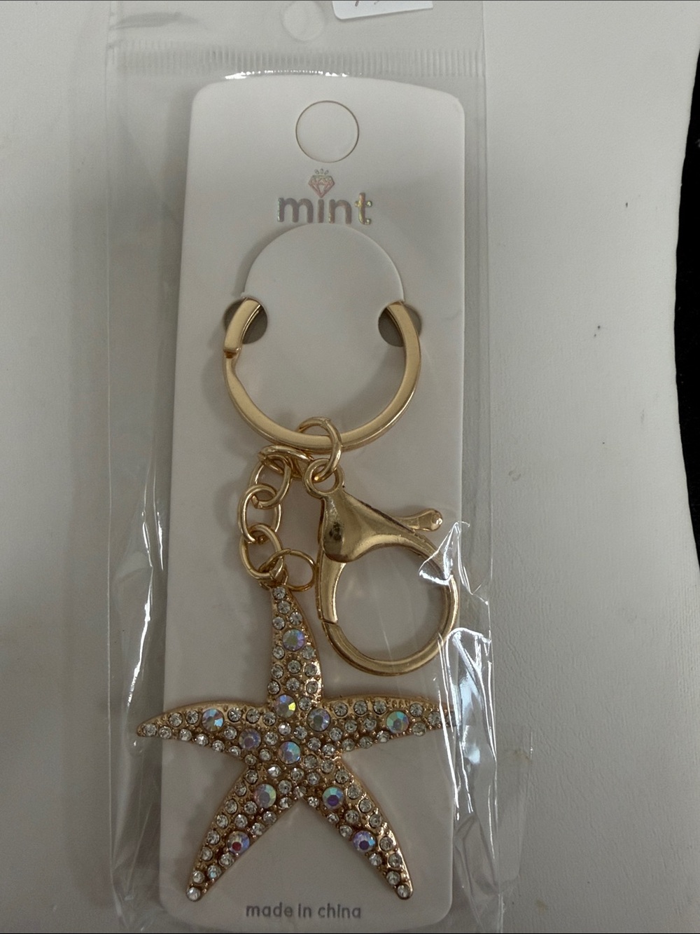 Mint Gold Starfish Keychain with Crystal Accents